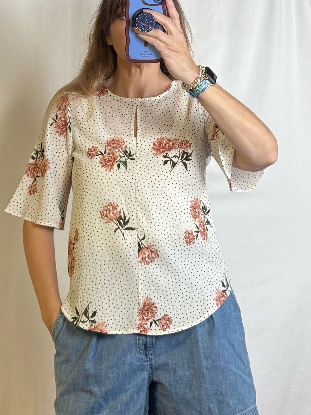 h.i.p. Cream Blouse with Pink Floral and Black Dot Print